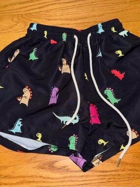 Kids Black Dino Print Swim Trunks with Colorful Dinosaurs